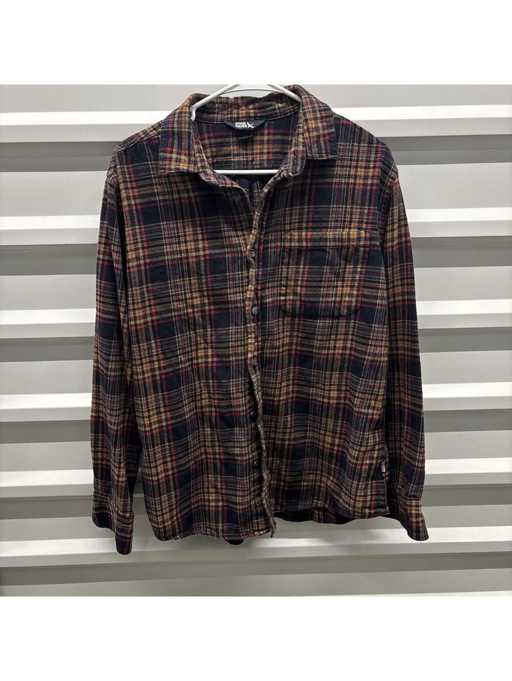 Eddie Bauer men's large button up flannel plaid long sleeve red blue orange